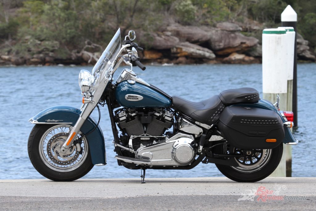 With cruise control, tall gearing, saddlebags, a screen and footboards, the Heritage is as much a tourer as a cruiser.