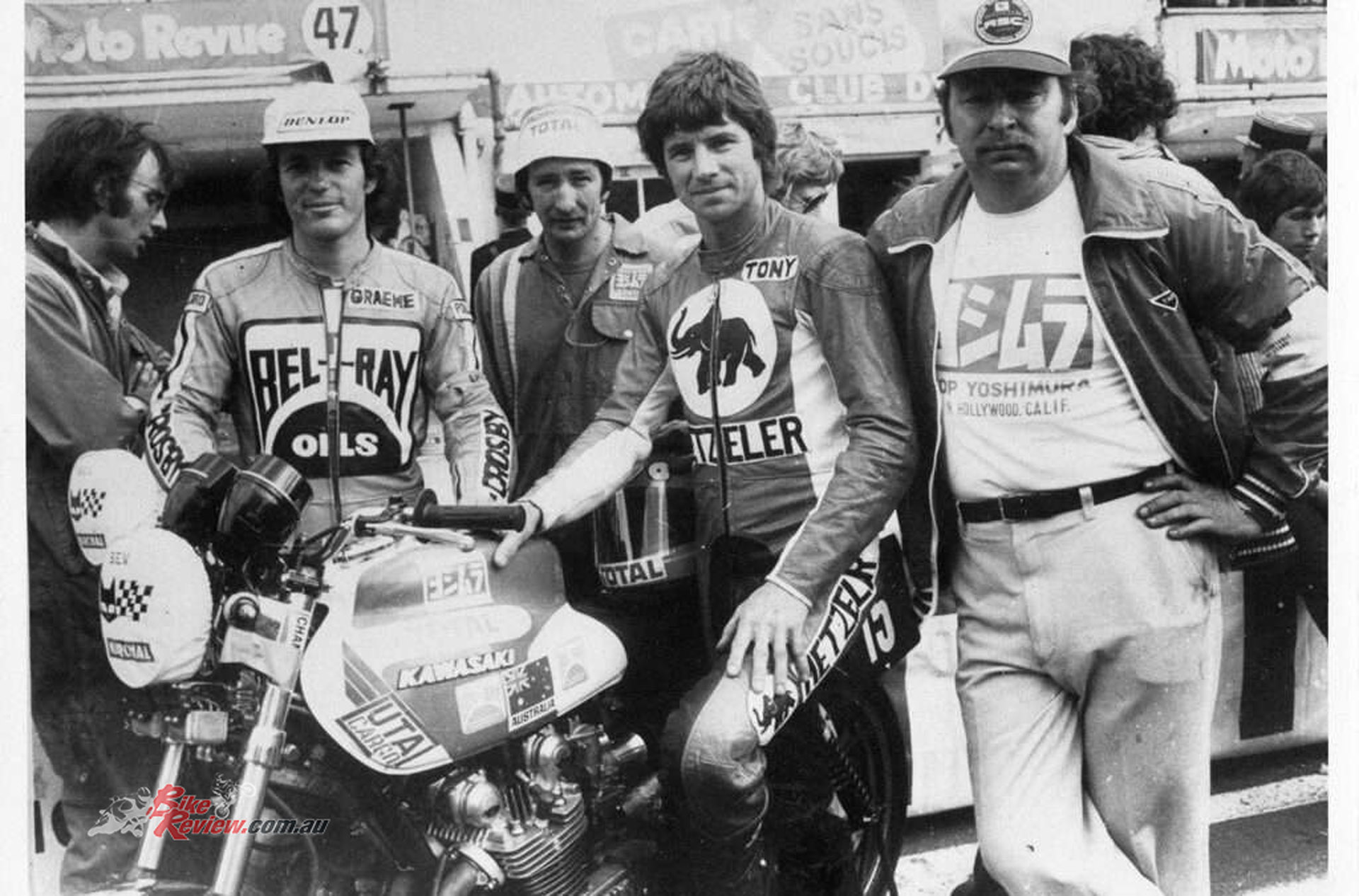 Tony Hatton and Graeme Crosby with the Yoshimura Kawasaki Endurance Racer at the Bol d'Or 24-hour, Le Mans , 1977. They held 7th place until the bike stopped.